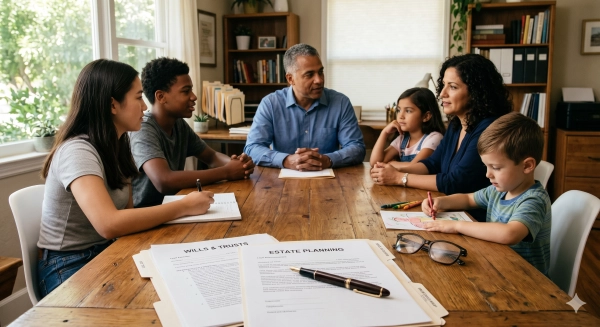 Blended family estate planning for protecting every loved one without conflict, showcasing a diverse family reviewing legal documents together in a calm home setting